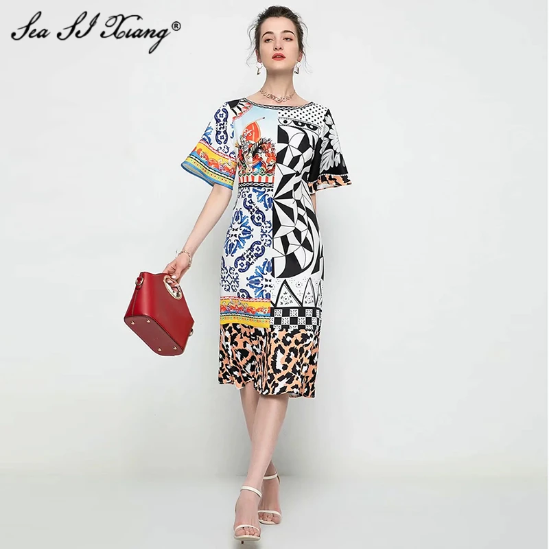 

Женское винтажное платье-миди Seasixiang, летнее дизайнерское платье с круглым вырезом, расширяющимся книзу рукавом и цветочным принтом