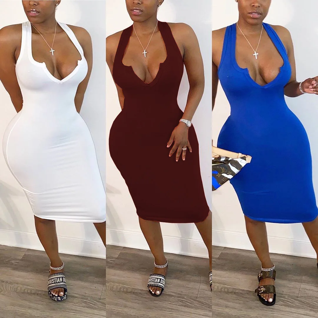 

XinHuaEase Женская летняя обувь пикантные Bodycon платья без рукавов в европейском и американском стиле Вечерние Женские однотонные Цвет v-образным...