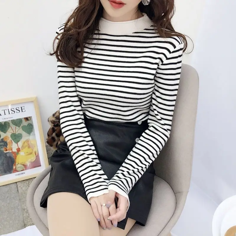 

Women 2020 Autumn Winter Half High Collar Chic Striped Sweater Soft Bottoming Pullovers New Female Casual Slim Jumper Tops G863