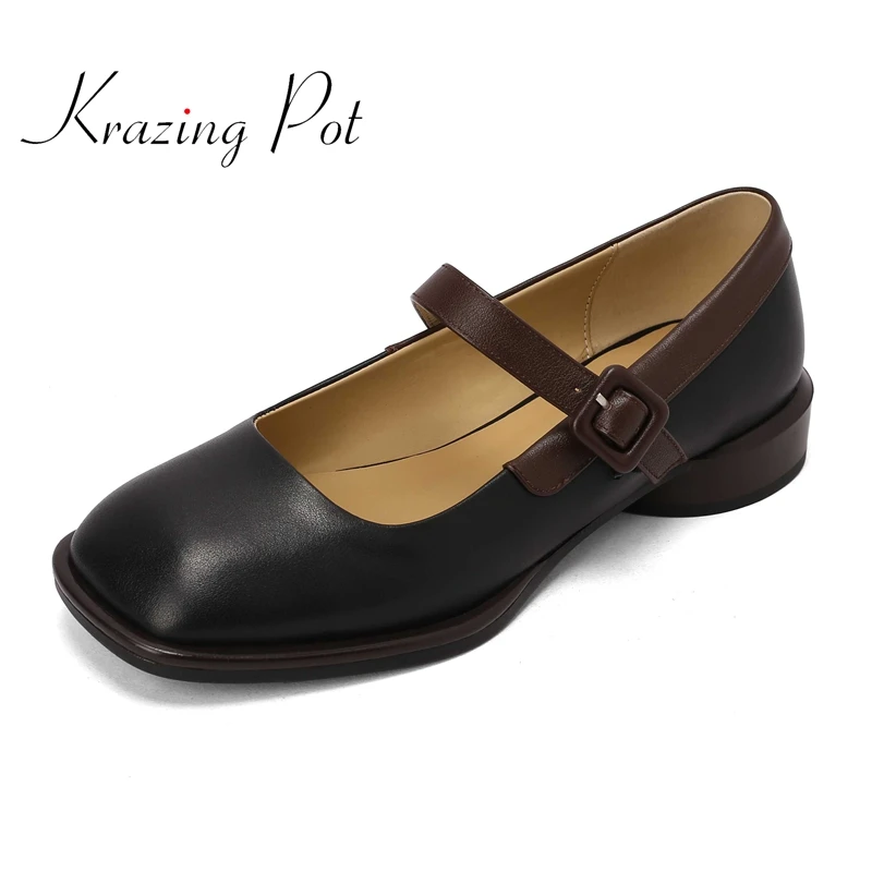 

Krazing Pot cow leather square toe med heel preppy style young lady daily wear simple fashion mixed colors cozy women pumps L16