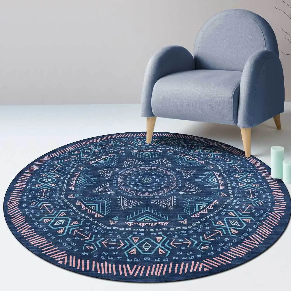 

Stylish Retro Denim Blue Geometric Patterned National Wind Living Room Bedroom Non-slip Mat Carpet CustomCustom Size