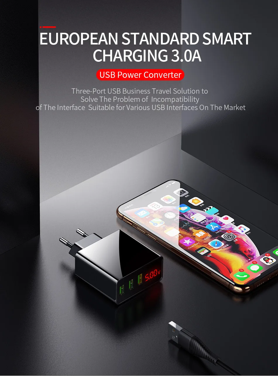 Gtwin 3A светодиодный дисплей USB зарядное устройство Quick Charge 3,0 EU US мобильный телефон 3 порта быстрое настенное зарядное устройство для iPhone 11 XS 7 samsung Xiaomi