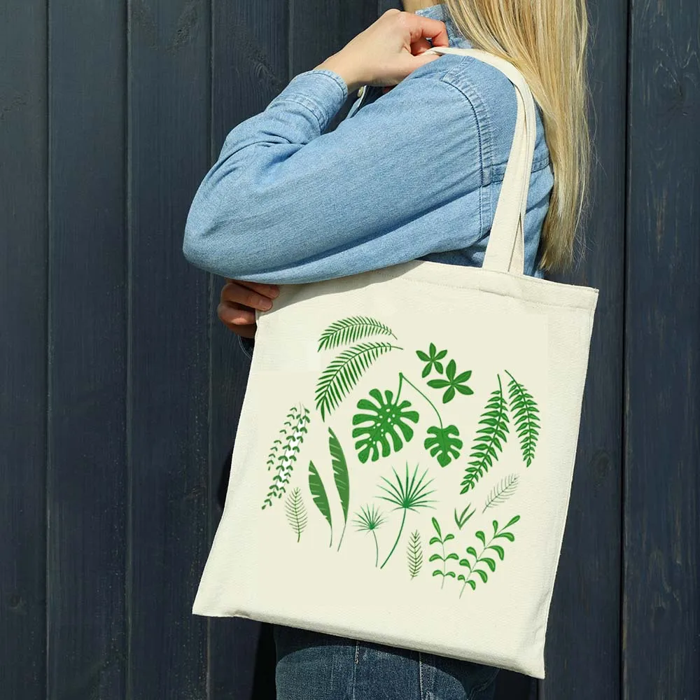 

Fashion Women Canvas Shopping Bag Shoulder Bags Printing Leaf Handbag Portable Reusable Grocery Tote Shopper Bag