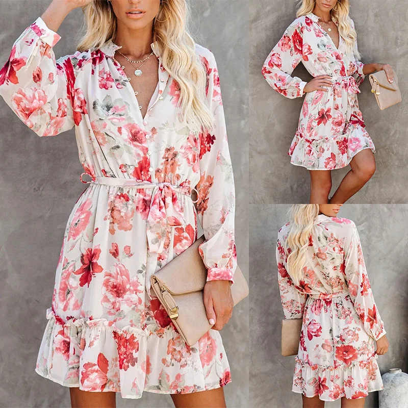 

2021 New Spring and Autumn Sexy V-neck Collect Waist Floral Dress for Woman Sexy Floral Knit Skirt Charm Pink White Dress