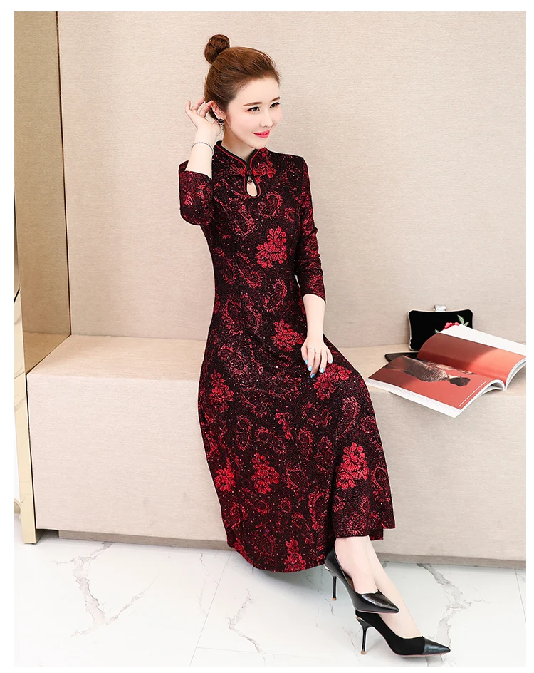 Осень Зима Новое поступление размера плюс M-3XL Ретро Cheongsam стоячий воротник жаккард длинный рукав женское длинное платье
