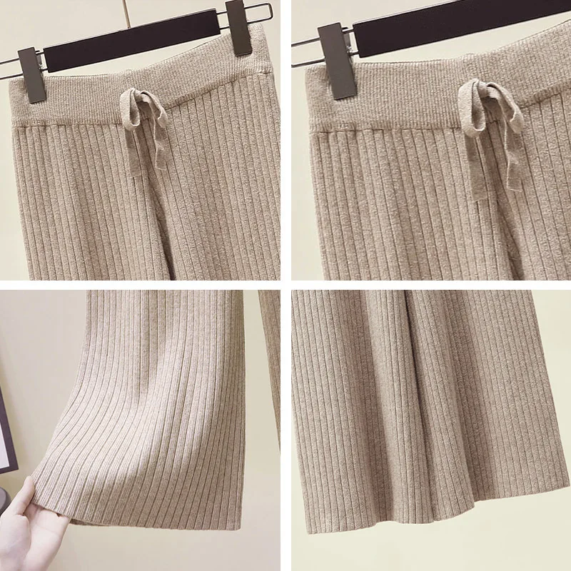 

Casual Knitted Pants Women Lace Up Loose Wide Leg Pants Solid Sweatpants Women High Waist Pants Long Trousers Female Slacks 2020