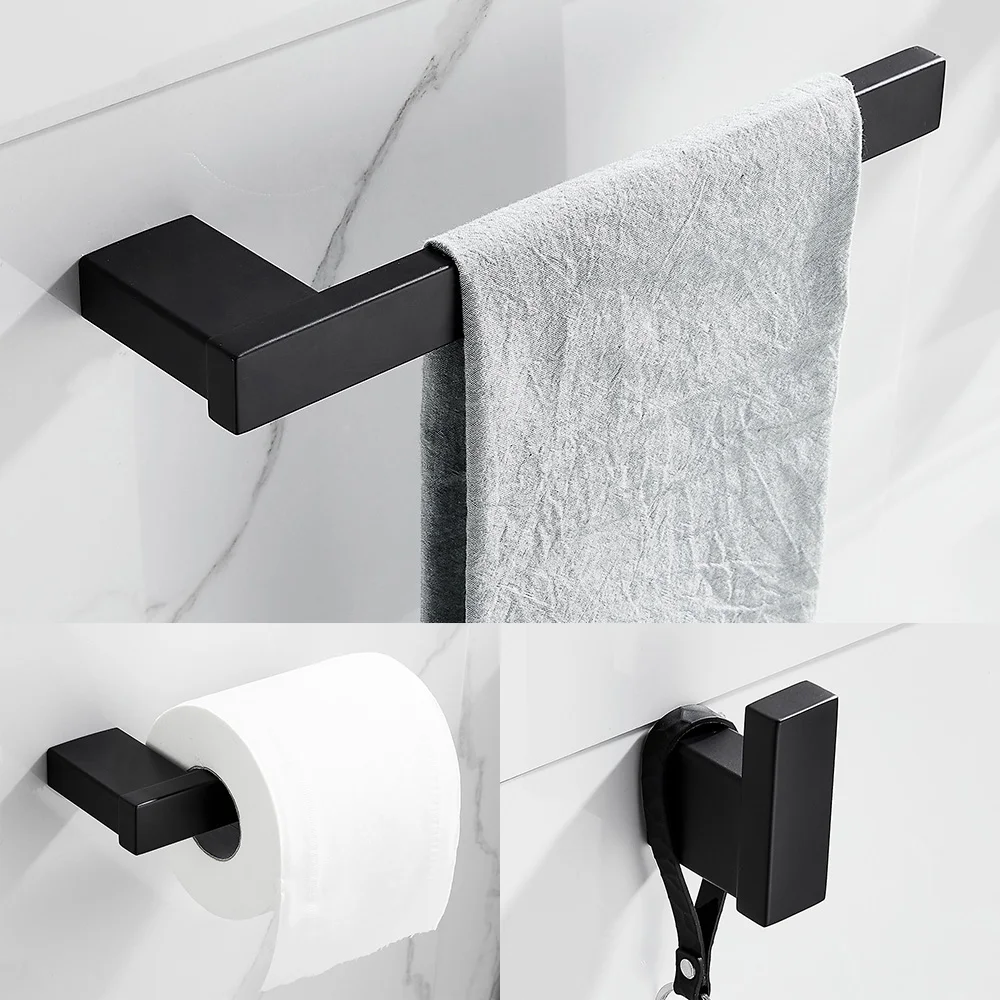 3pcsset matte black bathroom decoration accessories set stainless steel wall mount towel rack bar toilet paper robe hook free global shipping