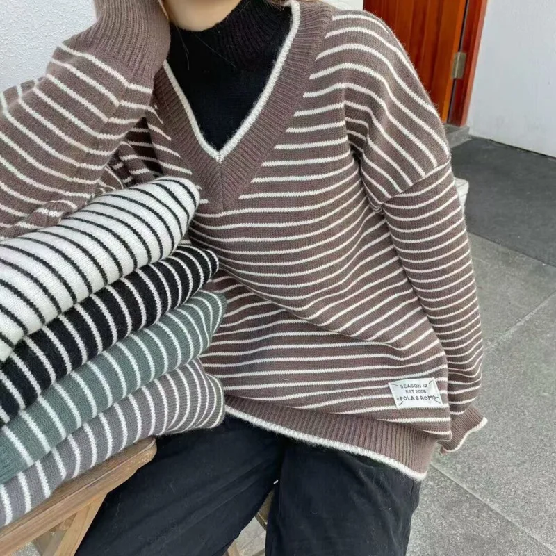 

Knitted Sweaters Women Stripe Fake Two Half High Collar Pullover Retro Jumper Harajuku Loose 2021 Korean Style Knitted Sweater
