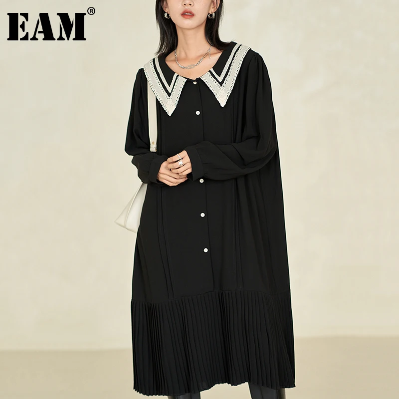 

[EAM] Women Color-block Pleated Long Dress New Peter Pan Collar Long Sleeve Loose Fit Fashion Tide Spring Autumn 2021 1DE3477