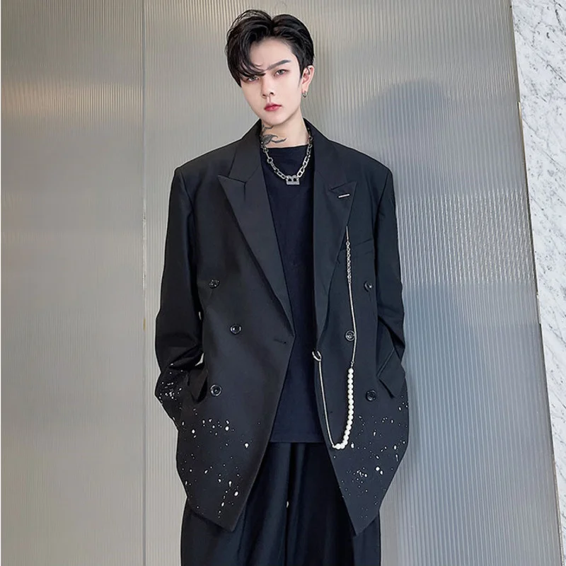 

Мужская одежда, модный шикарный блейзер с металлической подвеской по краю, мужской новый двубортный пиджак с отложным воротником, осень 2021