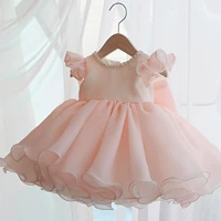 beautiful pale pink princess sleeves big bow pearls flower girl dresses girls party dresses gowns first communion dresses