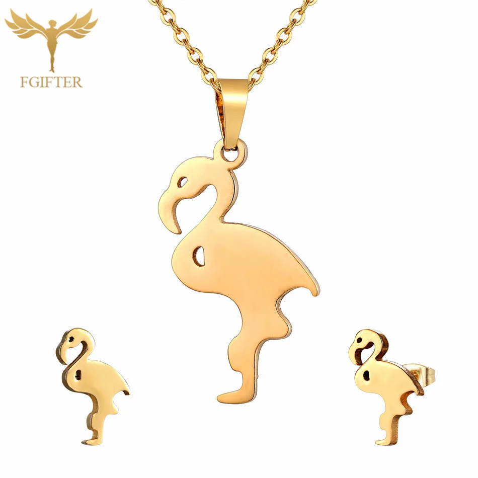 Flamingo Jewelry Set Fgift, Детский комплект ювелирных изделий для девочек, серьги-гвоздики в виде лошади, ожерелье с подвеской, ювелирные изделия из нержавеющей стали, детский подарок - Окраска металла: Flamingo Jewelry Set