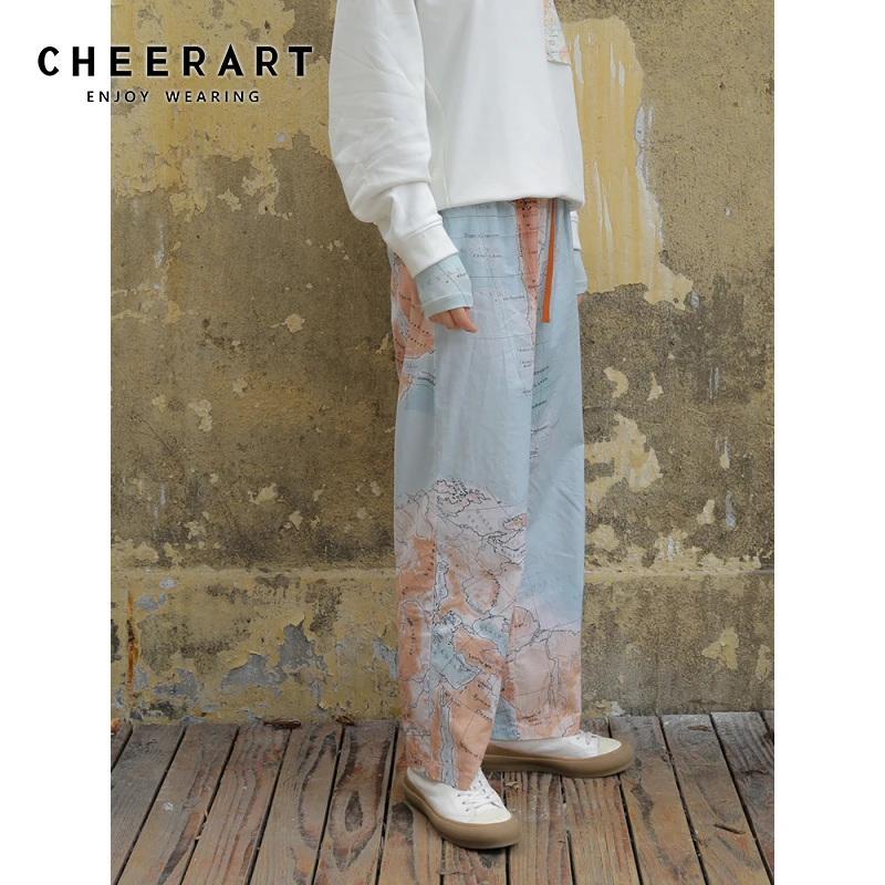 CHEERART/Хлопковые винтажные длинные брюки для женщин с принтом в виде карты