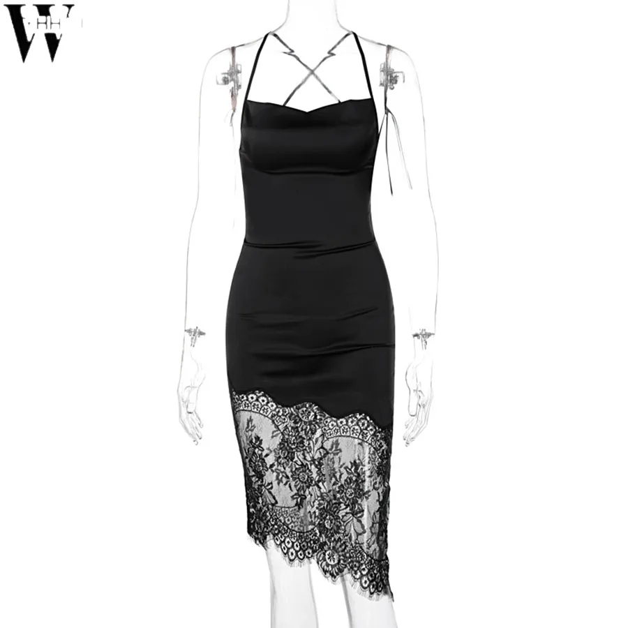 

WYHHCJ 2021 Sexy Lace Backless Mini Dresses Bodycon Skinny Club Party Sleeveless Knitted Dress Fall Streetwear Beach Holiday