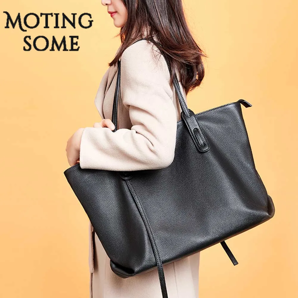 

Fashion Roomy Bag Lychee Texture High Quality Real Leather Cowhide Tote Bag for Women Shopper Travel Handbags Shoulder 2021 New