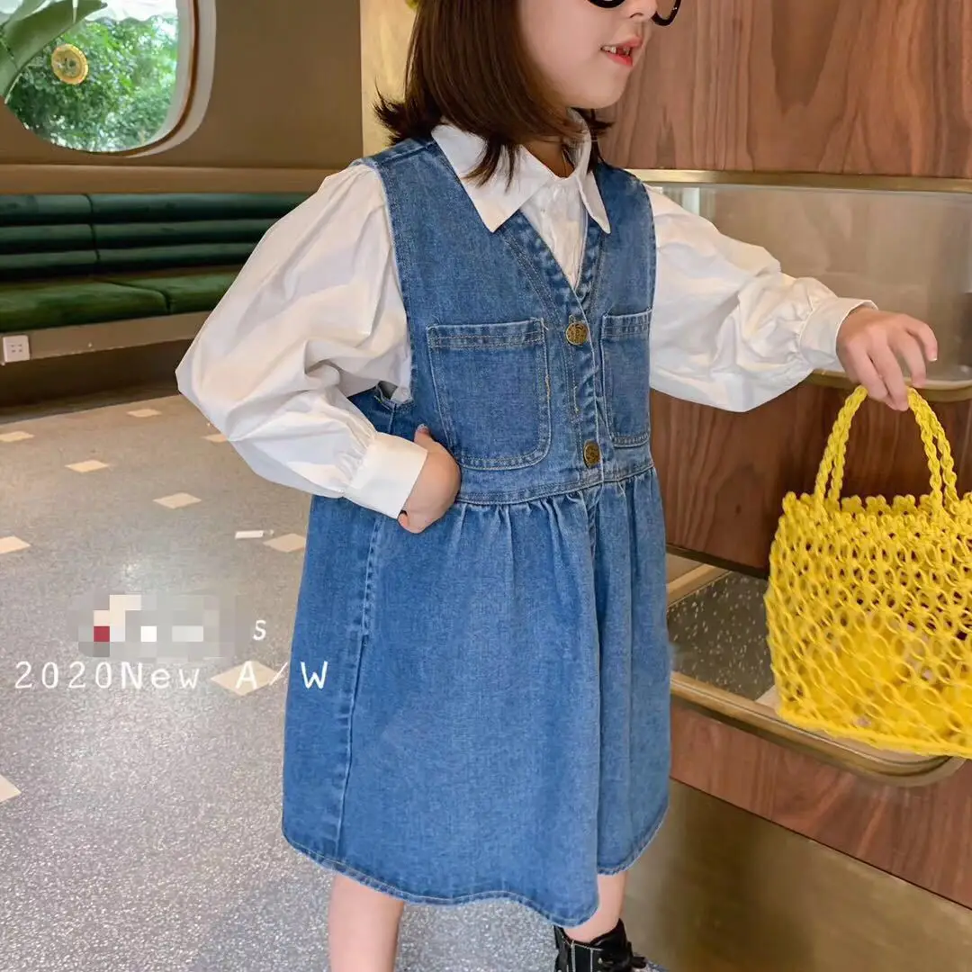 Юбка костюм для девочек осень 2020 Детская универсальная однобортная джинсовая