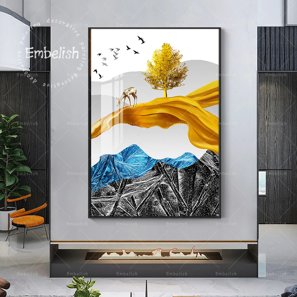 

1 Piece Modern Artworks For Home Decoration Golden Tree And Deer Landscape Wall Pictures For Living Room HD Canvas Paintings