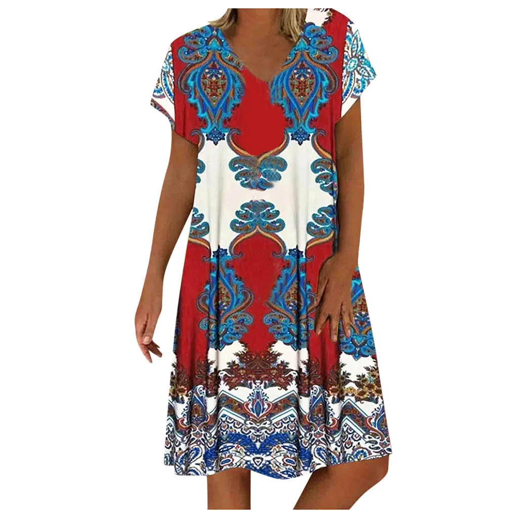 Женское винтажное платье с цветочным принтом V образным вырезом и коротким