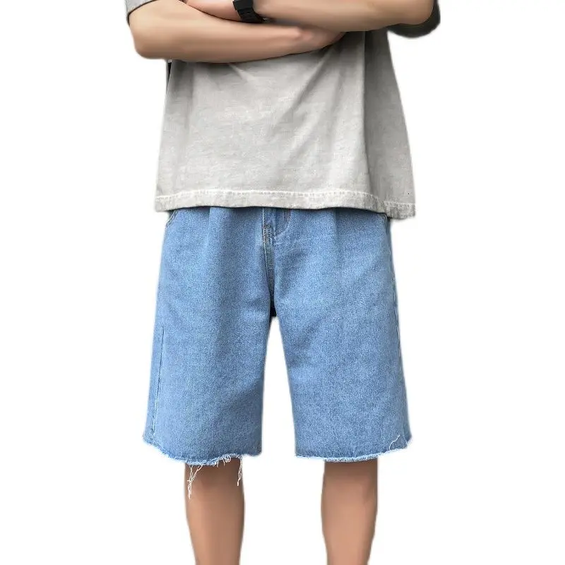 

Summer Blue Denim Shorts Men's Fashion Casual Wide-leg Denim Shorts Men Streetwear Korean Loose Retro Denim Shorts Mens M-2XL