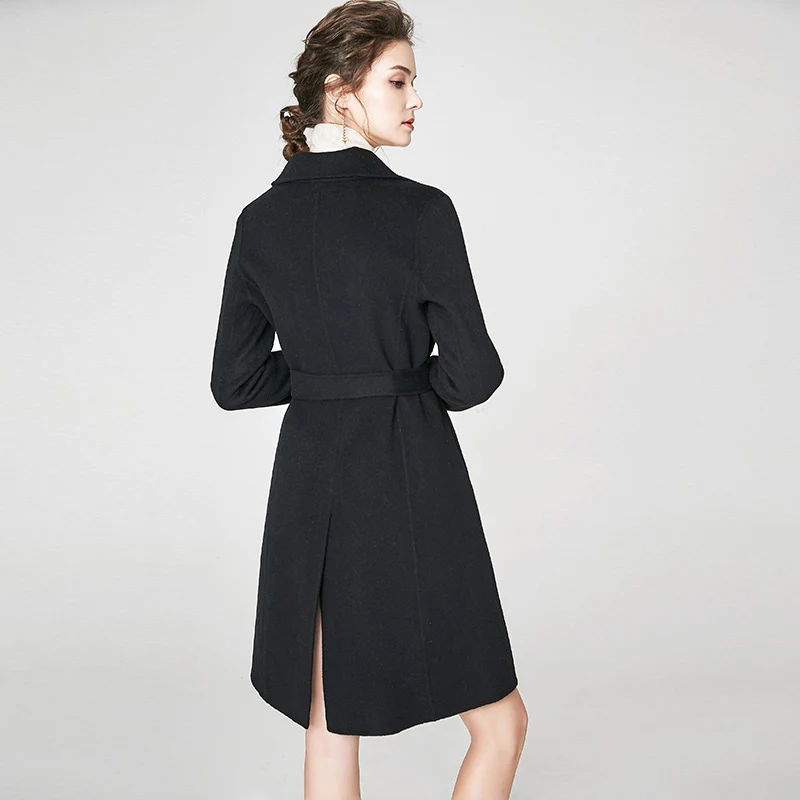 Женское подиумное пальто отложной воротник длинный рукав пояс двойной кашемир