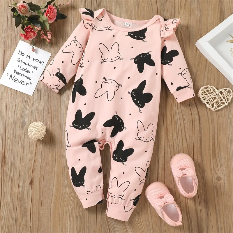 

Easter Bunny Printed Baby Jumpsuits Girl Long Sleeve Bodysuit Cartoon Rabbit Romper Loose Jumpsuit Clothes for Newborns 0-24M