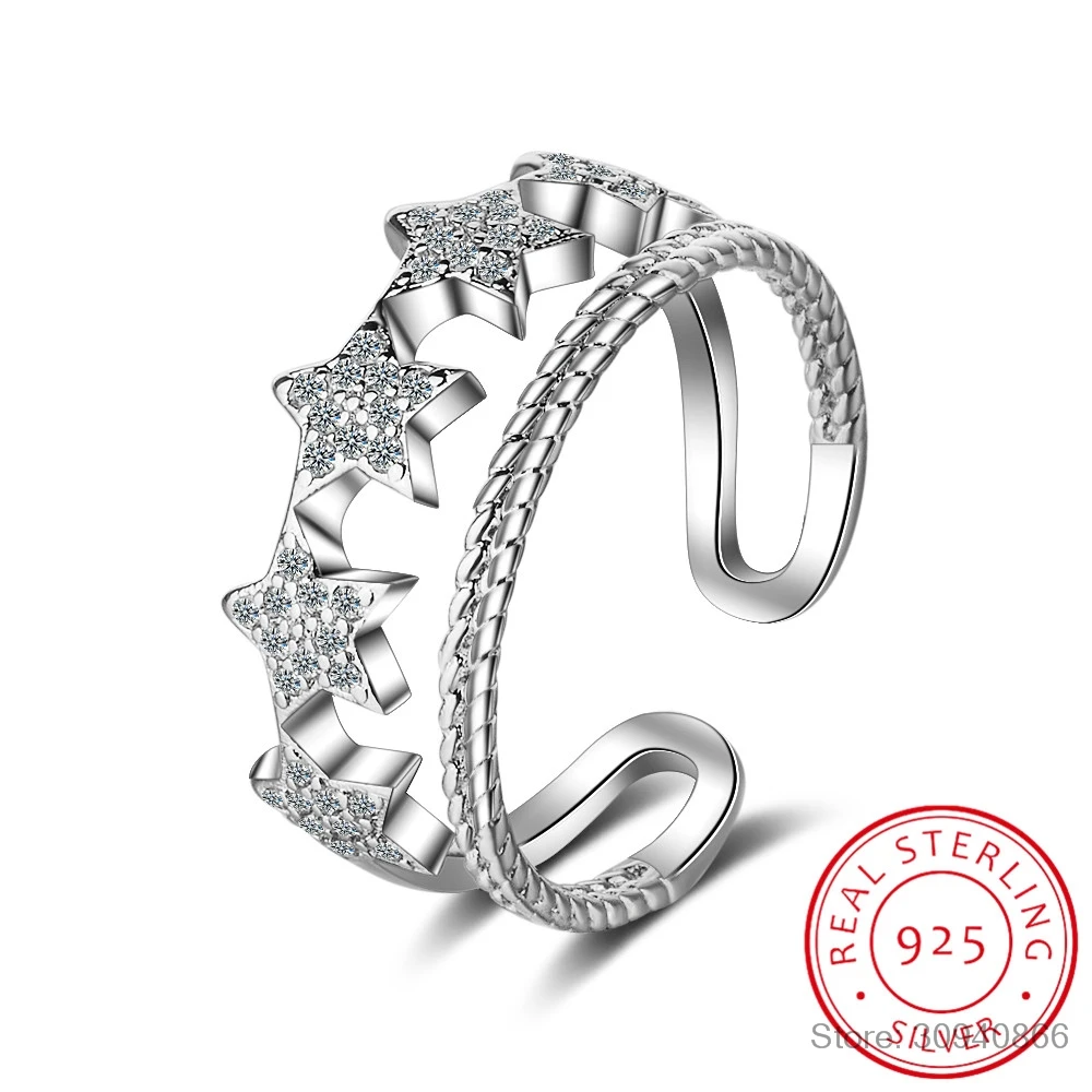 

AAAAA Zirconia Double Line Star Adjustable Ring For Women 925 Sterling Silver Rings For Girl Fashion Ring Bague JZ254
