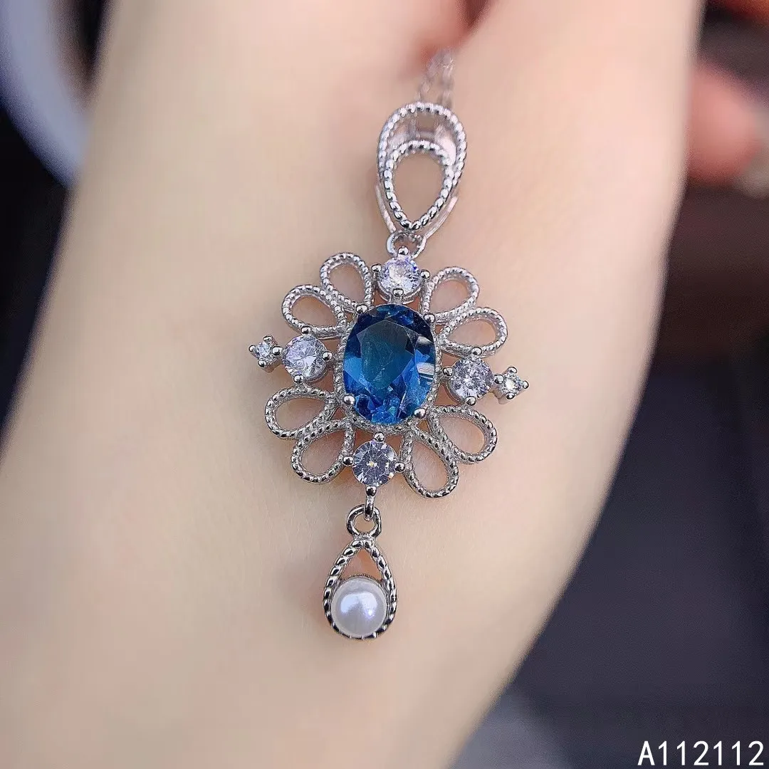 

Fine Jewelry 925 Sterling Silver Inlay With Natural Gem Women's Trendy Fashion Flower Blue Topaz Pendant Necklace Support Detect