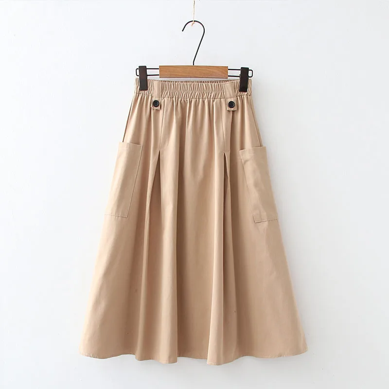 2022 корейская мода летняя юбка миди Женская хлопковая карманная трапециевидная