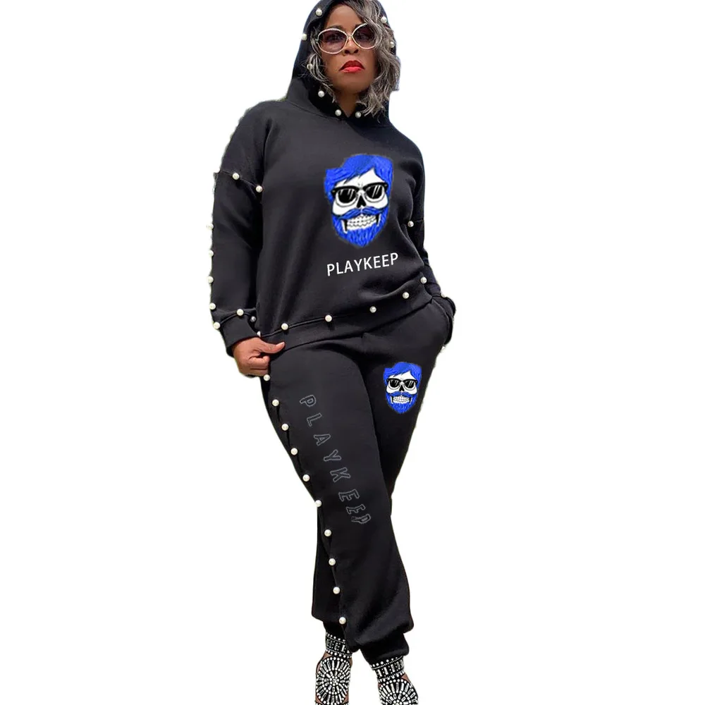 

Beaded Character Letter Print Two Piece Set Tracksuit for Women Hooded Long Sleeve Hoodie and Loose Sweatpant Harajuku Outfits