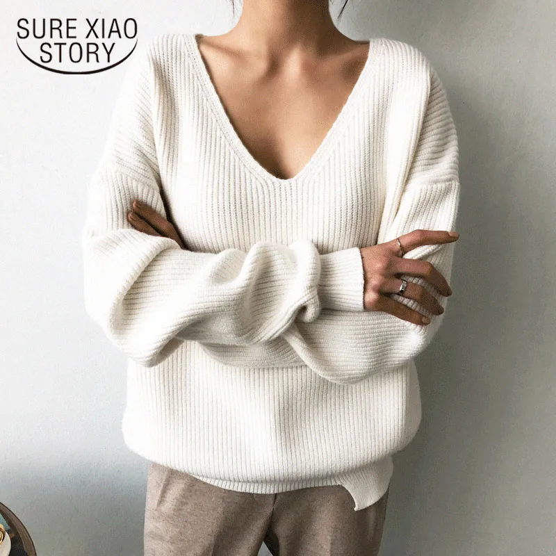 

Casual Pullover Autumn Winter Women's Sweaters V-Neck Minimalist Tops New Fashionable Korean Style Knitting Solid Pull Femme7290