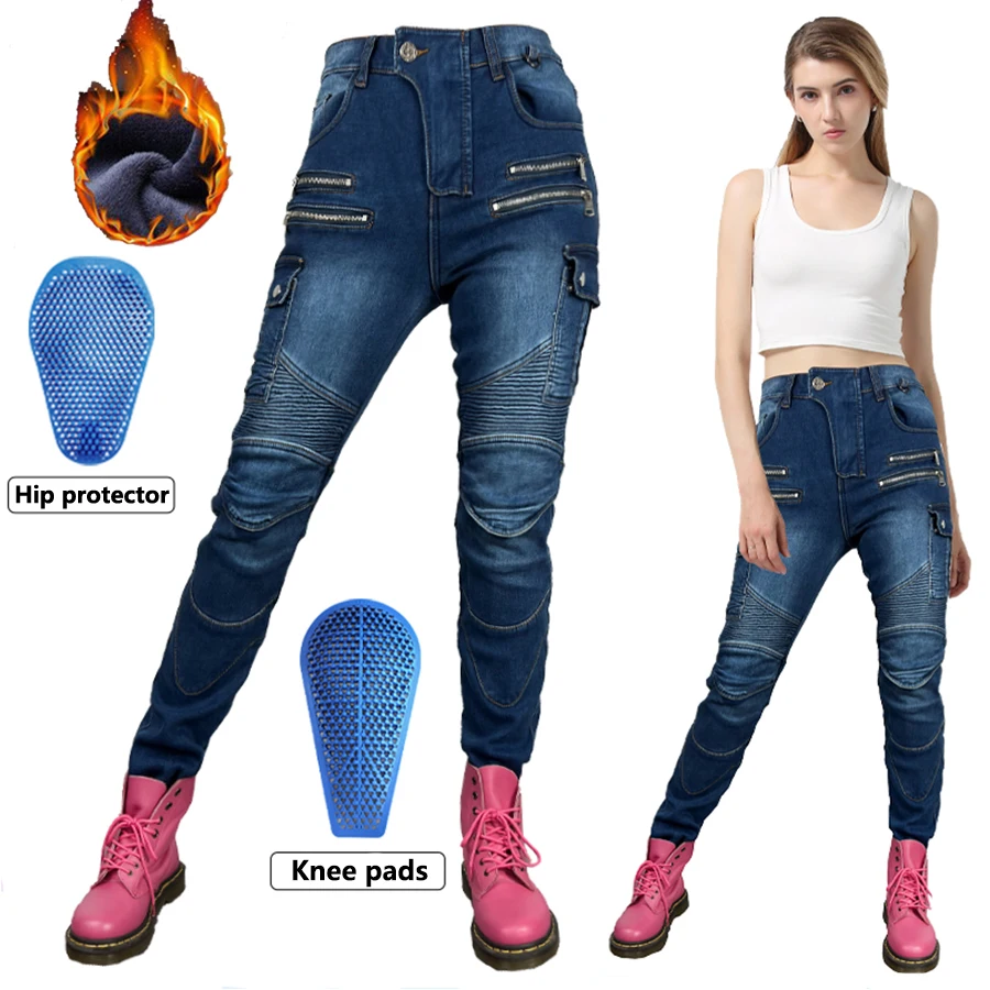 Motorcycle Jeans Women Winter Plus Velvet Windproof Anti-Fall Cycling Pants Protective Gear Equipment Zipper Pants Detachable