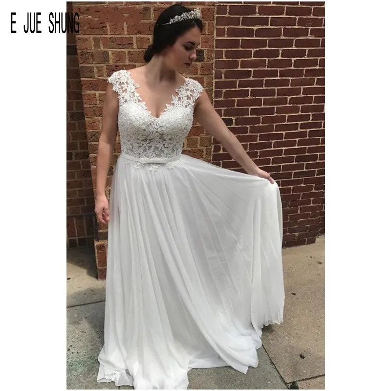 

E JUE SHUNG Modest Beach Wedding Dresses A-Line V Neck Lace Appliques Button Back Bow Sashes Chiffon Bridal Gowns Robe De Mariee