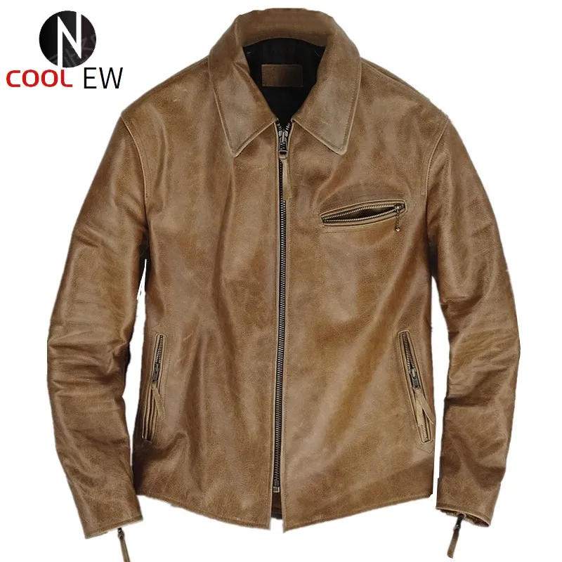 Free shipping Quality Classic 1940s leather jacket.Imported oil wax cow coat.fashion wholesales.vintage biker wear | Мужская одежда