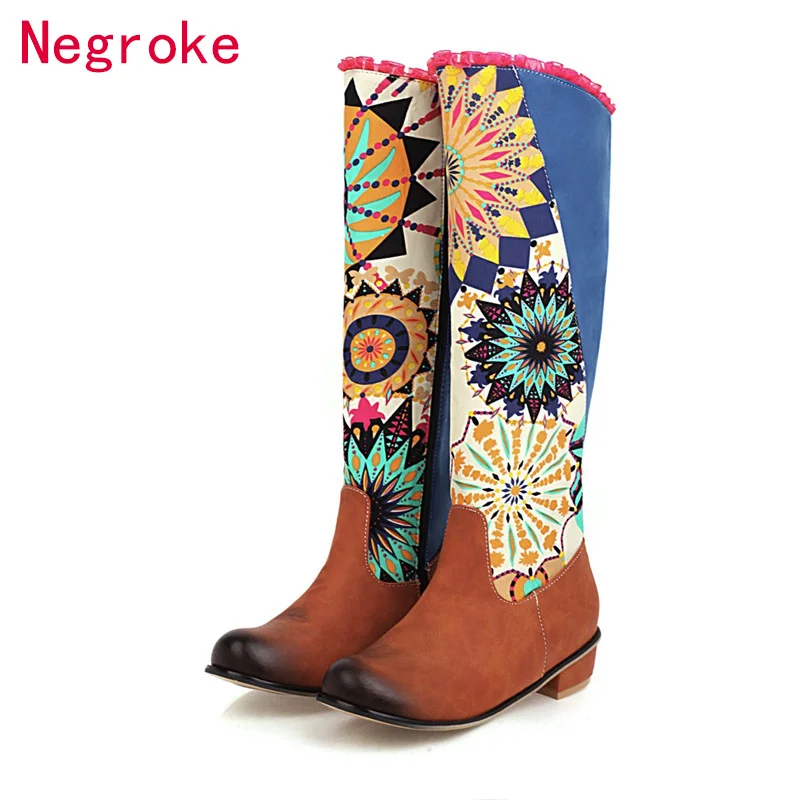 

Winter Boots Women Knee High Long Boots 2020 New Printing Stitching Over The Knee Heels Square Botines High Boot Botas Mujer
