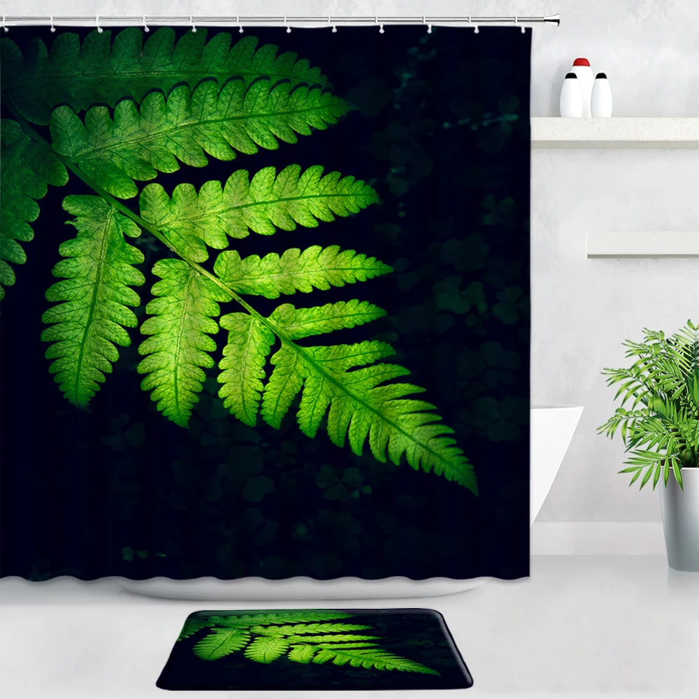 

Водонепроницаемые фланелевые шторы для душа с зелеными листьями, черный декоративный ковер для ванной комнаты, Нескользящие коврики, набор...