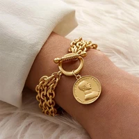 flashbuy gold color chain bracelets for women men vintage metal portrait coin alloy bracelets fashion jewelry