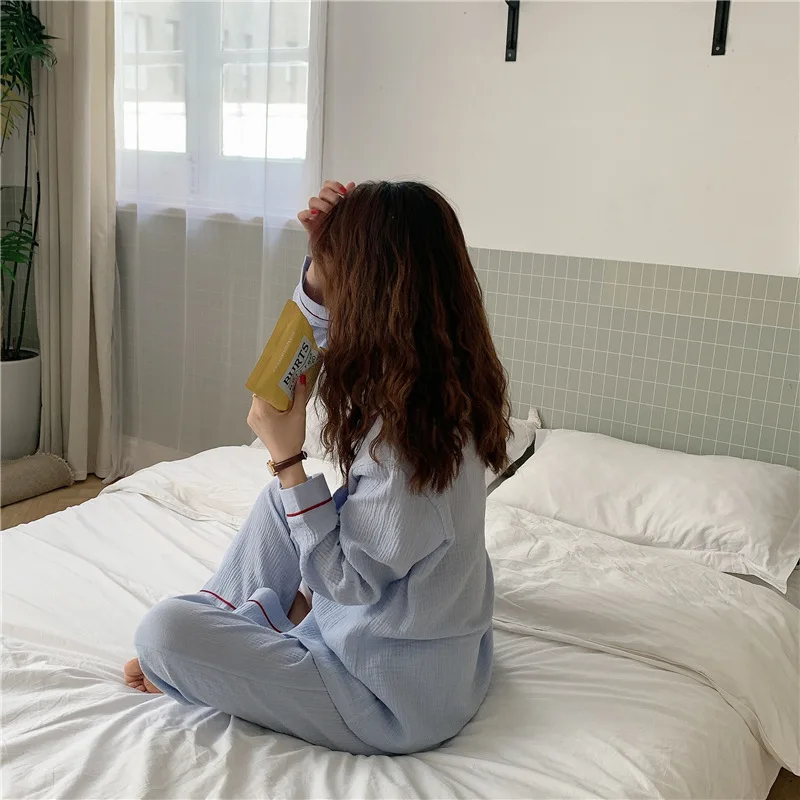 New Double Layer Yarn Cotton Pajamas Women's Long Sleeve Cardigan Two Piece Suit In Spring And Autumn 2020