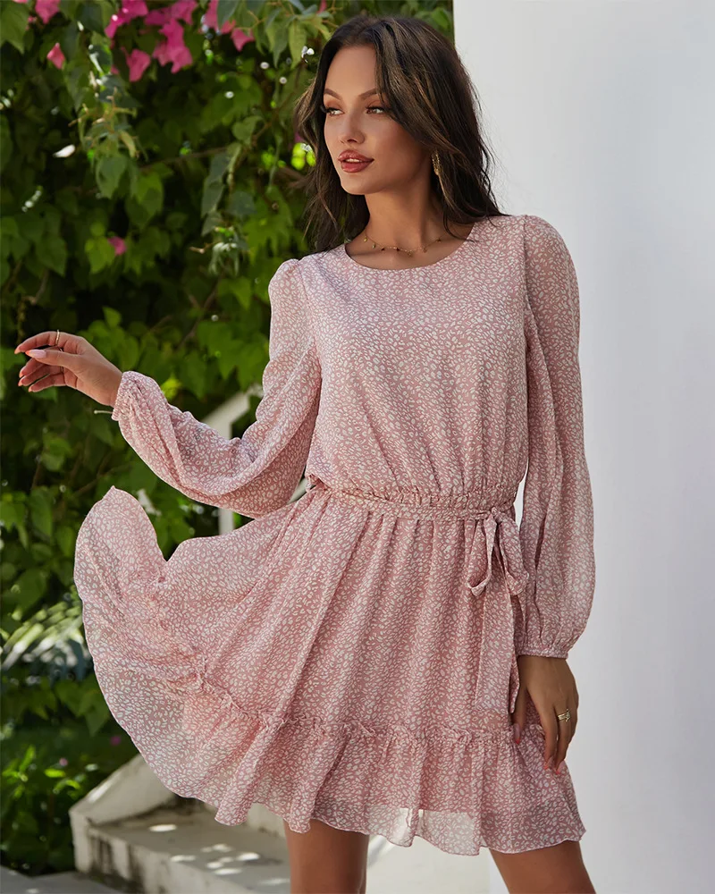 

2021 Women Spring Summer Round Neck Printed Dress Women Waist Thin Boho Dress Vestidos Mujer Y2k Dress