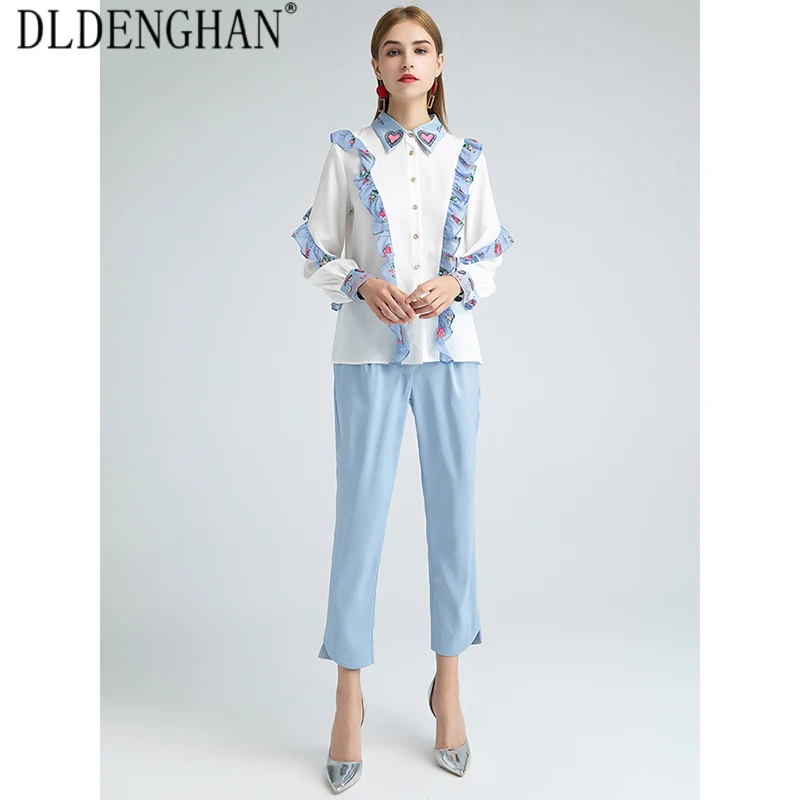 

DLDENGHAN Fashion Print Long Sleeve Ruffles Shirt Top +Blue 3/4 pants Two-Piece Suit Women's Designer Autumn New