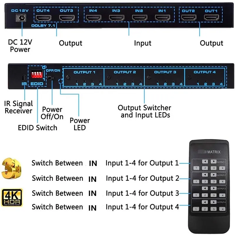 HDMI совместимый матричный коммутатор 4x4 4K сплиттер 4 в выхода с экстрактором EDID и