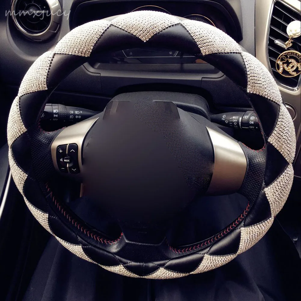 

Rhinestone Universal Size Car Steering Wheel Cover 15''&38cm Durable PU Leather Non-slip