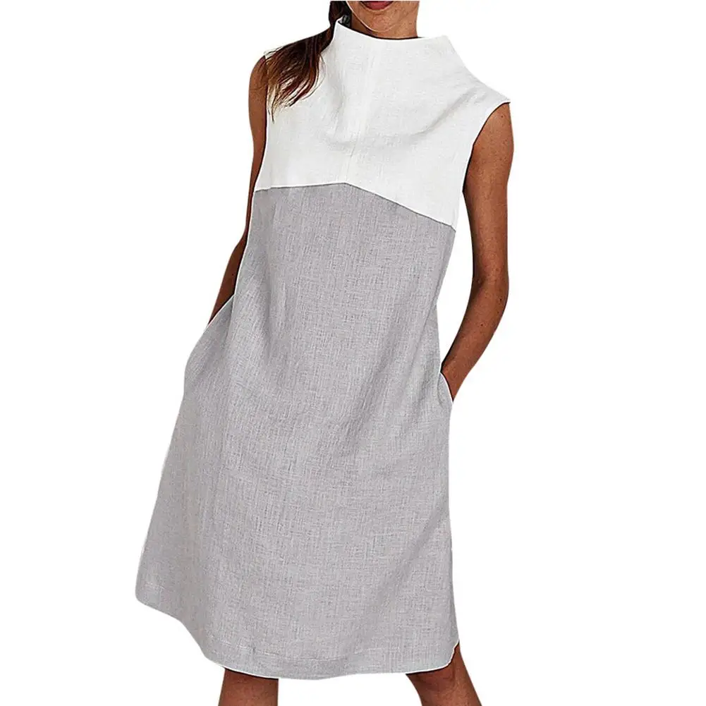 

Women Casual Sleeveless Mock Neck Pockets Color Block Loose Knee-length Dress