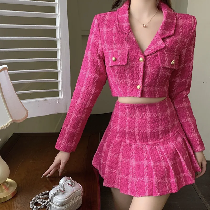 

Женский твидовый костюм из двух предметов, винтажный короткий топ и короткая шерстяная куртка и мини-юбка, осенний костюм из двух предметов