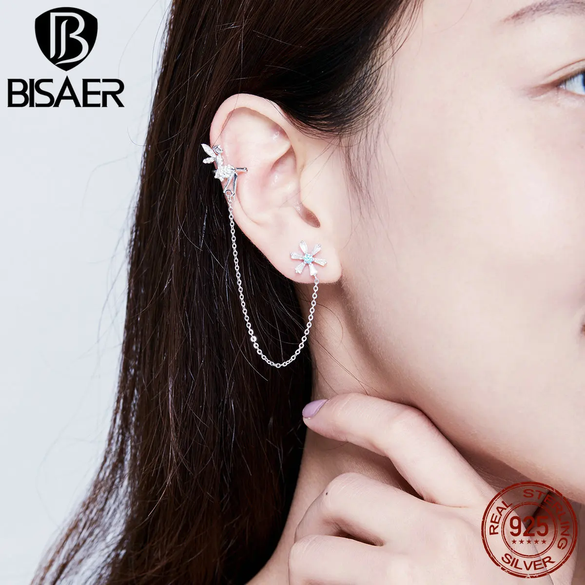 

BISAER Clip and Stud Earrings Fairy 925 Sterling Silver Long Chain Clip and Stud Earrings for Women Girl Design Jewelry HVE201