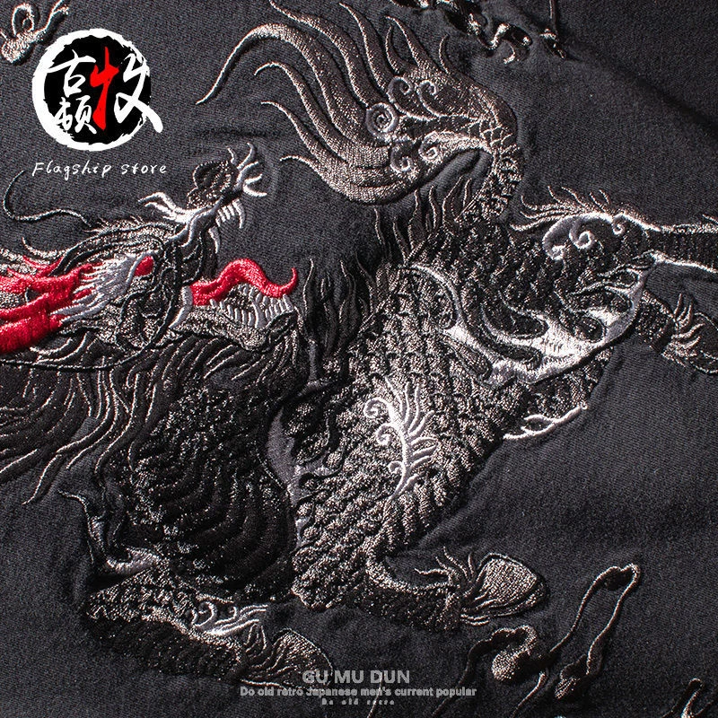 Футболка мужская оверсайз с вышивкой Kirin 100% хлопок в китайском стиле модная