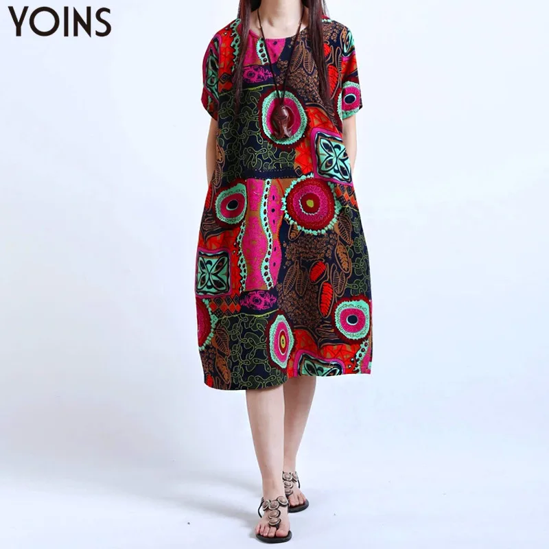M-5XL2019 YOINS Новое Женское платье с круглым вырезом и цветочным принтом с коротким рукавом из хлопка и льна Повседневное Платье До Колена мешковатое Платье-туника размера плюс