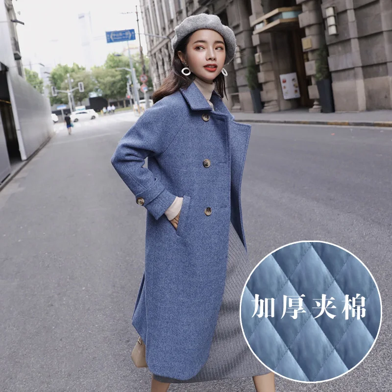 

Осенне-зимнее женское хлопковое новое шерстяное длинное двубортное женское пальто большого размера синее зимнее женское шерстяное пальто