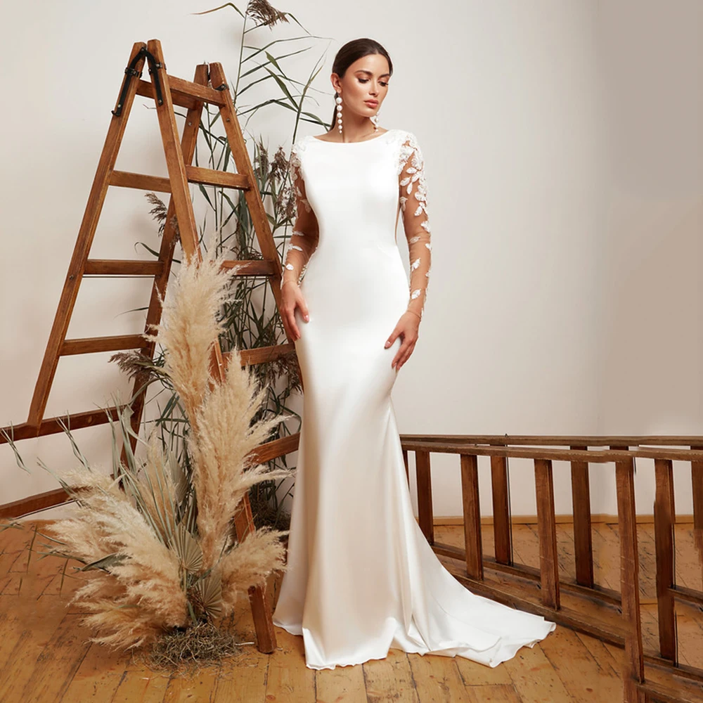 

UZN Ivory Mermaid Satin Wedding Dress Scoop Neckline Illusion Back Bridal Gown Feather Decoration Long Sleeves Vestido De Novia