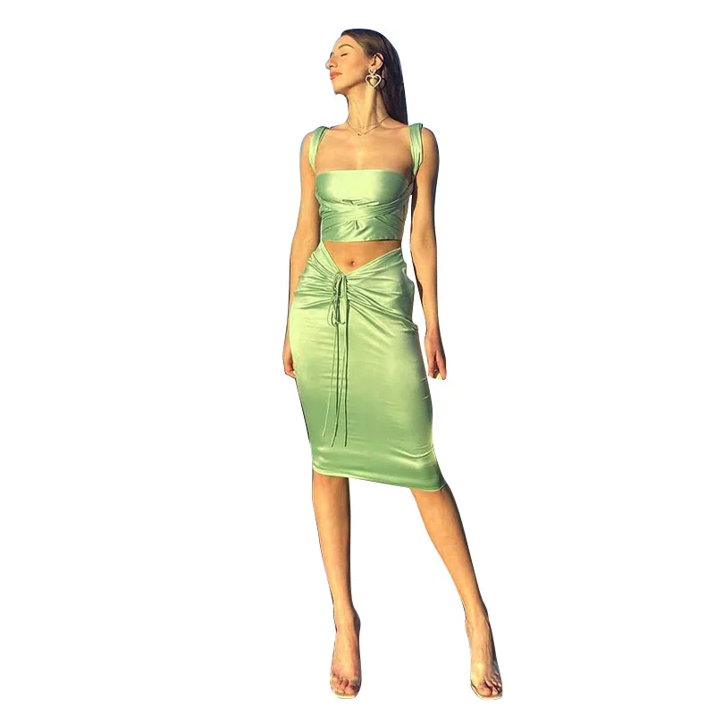 

Satin Dress Women Summer Strape Sling Sleeveless Cross Crop Top +Bandage Green Lace Up Dress Elegant Fashion Party Dressess