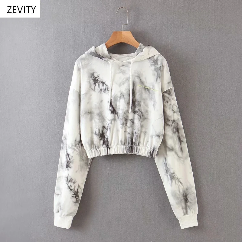 Zevity New 2020 Women vintage ink tie dyed painting casual hooded sweatershirts ladies hem elastic hoodies brand chic tops H300 | Женская